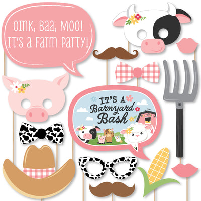 Girl Farm Animals - Pink Barnyard Baby Shower or Birthday Party Photo Booth Props Kit - 20 Count
