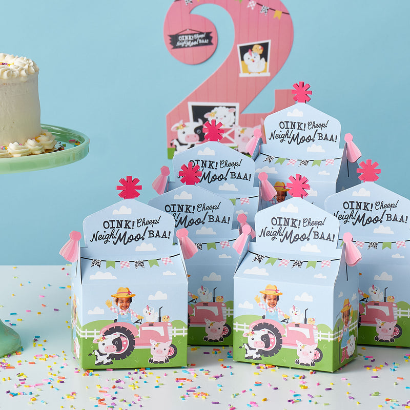 Custom Photo Girl Farm Animals - Pink Barnyard Birthday Treat Box Party Favors - Fun Face Goodie Gable Boxes - Set of 12