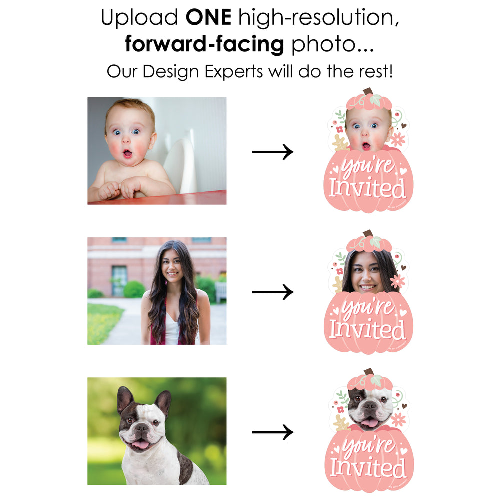 Custom Photo Girl Little Pumpkin - Fall Birthday Party Fun Face Shaped Fill-In Invitation Cards with Envelopes - Set of 12