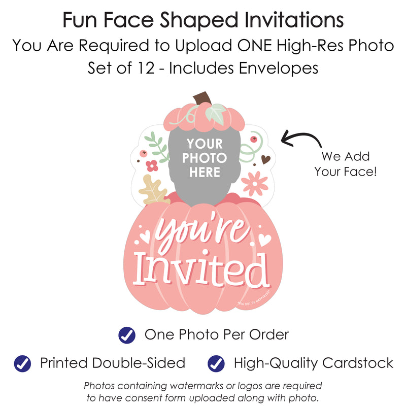 Custom Photo Girl Little Pumpkin - Fall Birthday Party Fun Face Shaped Fill-In Invitation Cards with Envelopes - Set of 12