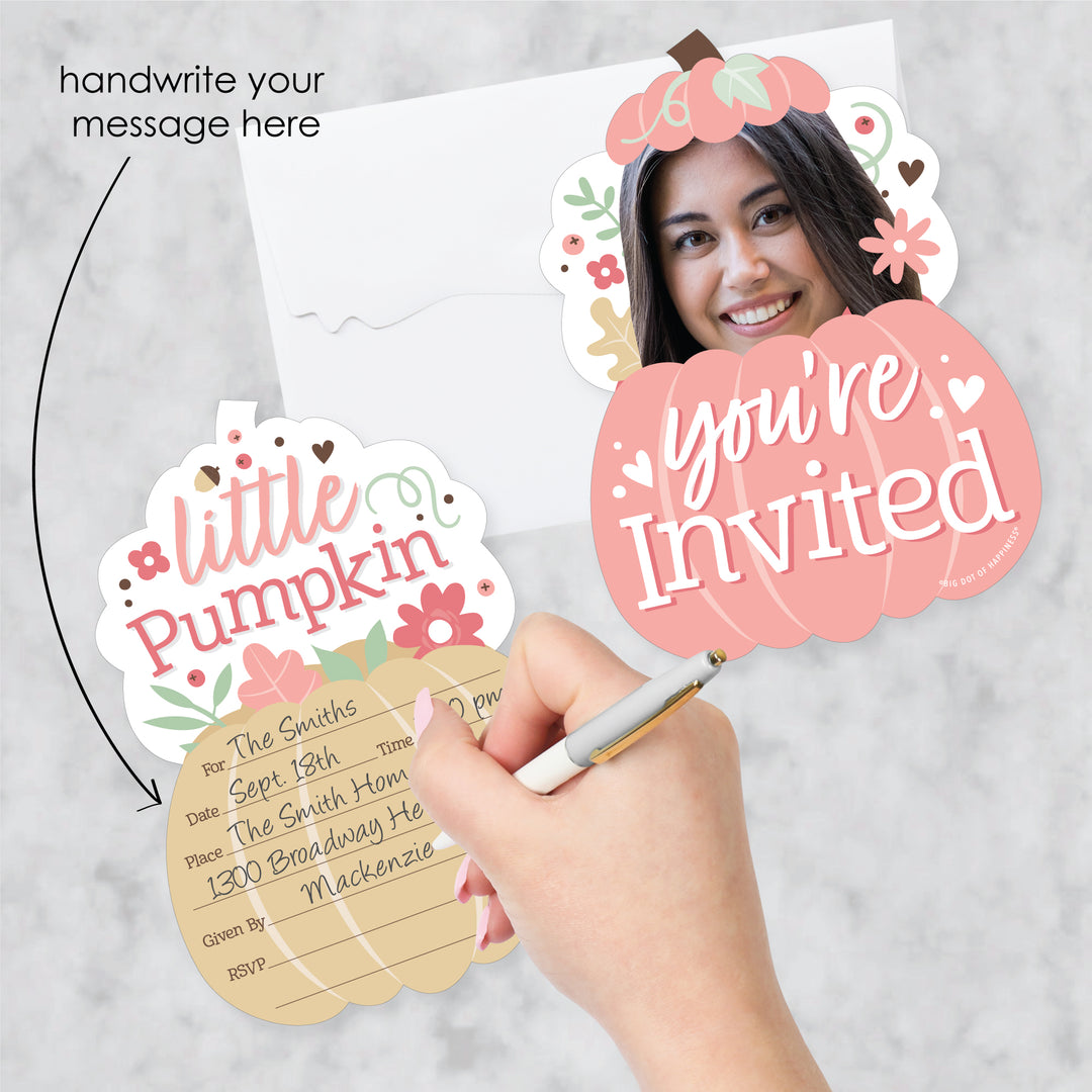 Custom Photo Girl Little Pumpkin - Fall Birthday Party Fun Face Shaped Fill-In Invitation Cards with Envelopes - Set of 12