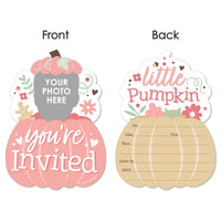 Custom Photo Girl Little Pumpkin - Fall Birthday Party Fun Face Shaped Fill-In Invitation Cards with Envelopes - Set of 12
