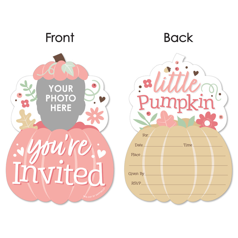 Custom Photo Girl Little Pumpkin - Fall Birthday Party Fun Face Shaped Fill-In Invitation Cards with Envelopes - Set of 12