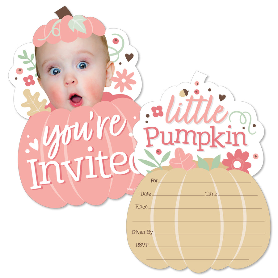 Custom Photo Girl Little Pumpkin - Fall Birthday Party Fun Face Shaped Fill-In Invitation Cards with Envelopes - Set of 12
