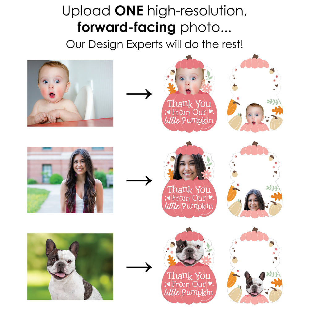 Custom Photo Girl Little Pumpkin - Fall Birthday Party Fun Face Shaped Thank You Cards with Envelopes - Set of 12