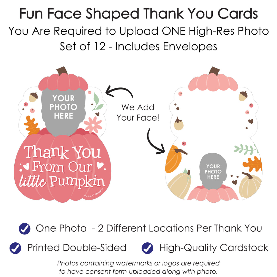 Custom Photo Girl Little Pumpkin - Fall Birthday Party Fun Face Shaped Thank You Cards with Envelopes - Set of 12