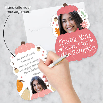 Custom Photo Girl Little Pumpkin - Fall Birthday Party Fun Face Shaped Thank You Cards with Envelopes - Set of 12