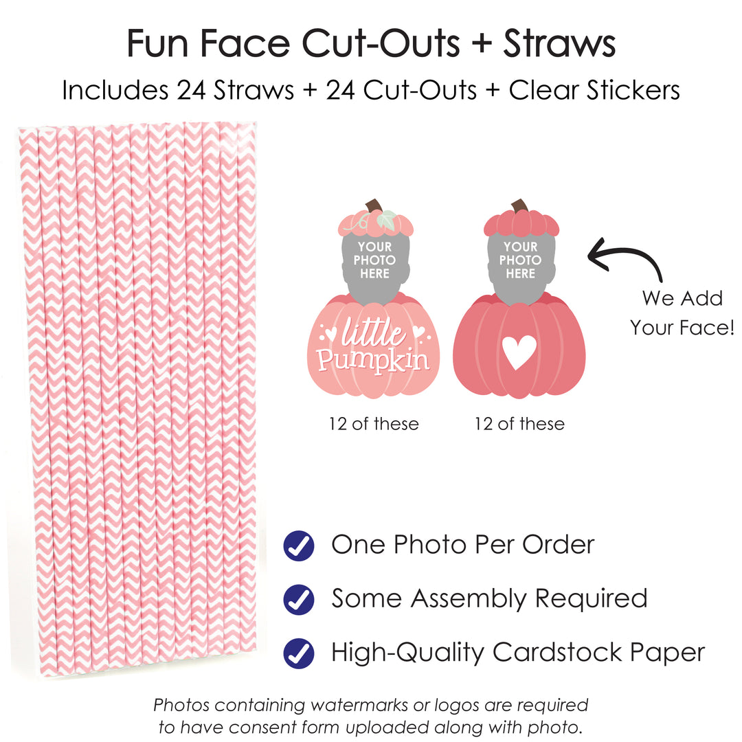 Custom Photo Girl Little Pumpkin - Fall Birthday Party Fun Face Paper Straw Decor - Set of 24