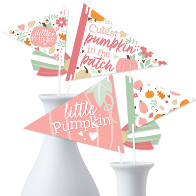 Girl Little Pumpkin - Triangle Fall Birthday Party or Baby Shower Photo Props - Pennant Flag Centerpieces - Set of 20