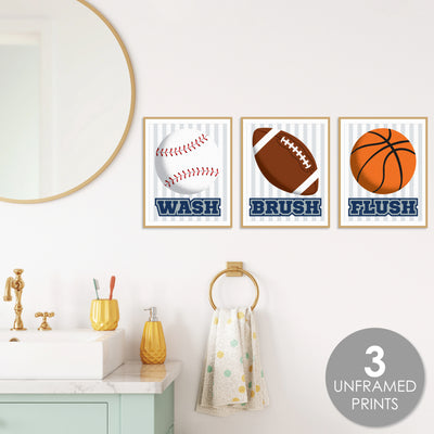 Go, Fight, Win - Sports - Unframed Wash, Brush, Flush - Bathroom Wall Art - 8 x 10 inches - Set of 3 Prints