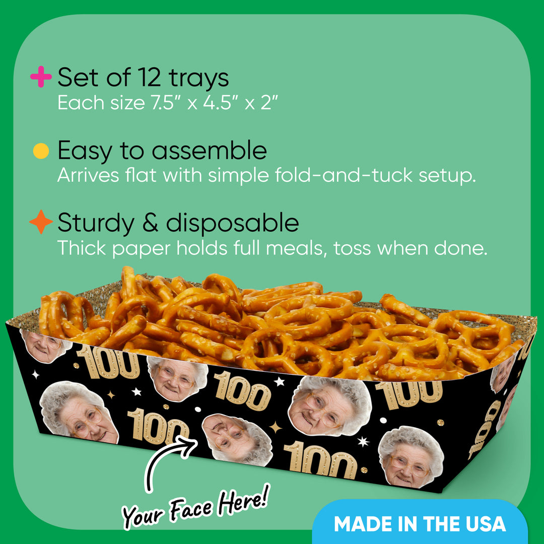 Custom Face 100th Birthday Paper Food Trays - 12 Ct