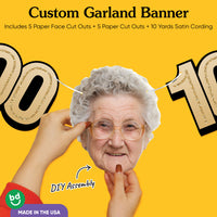 Cardstock finish and satin string on 100th birthday face banner