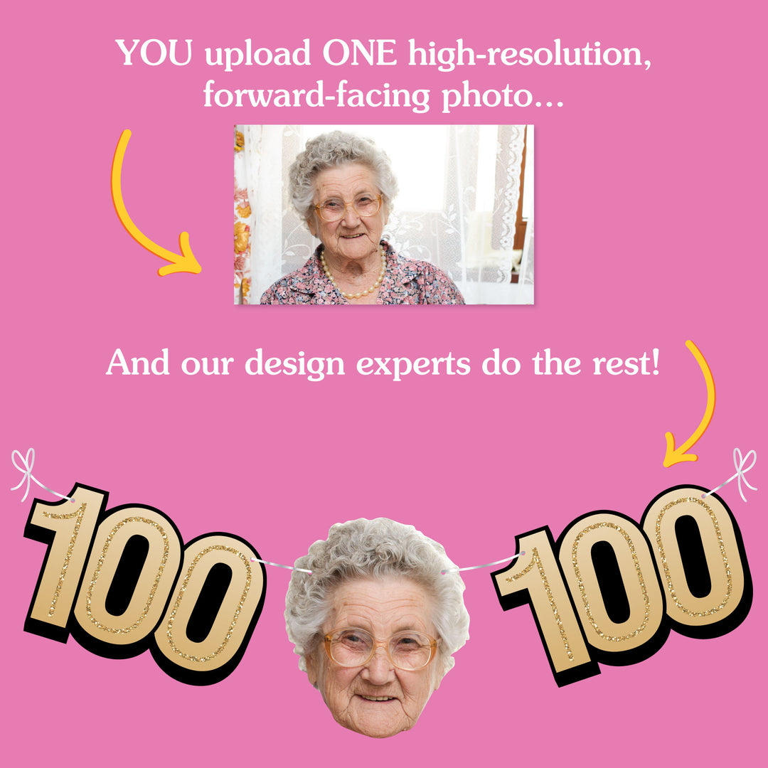 Upload one photo for custom 100th birthday fun face banner
