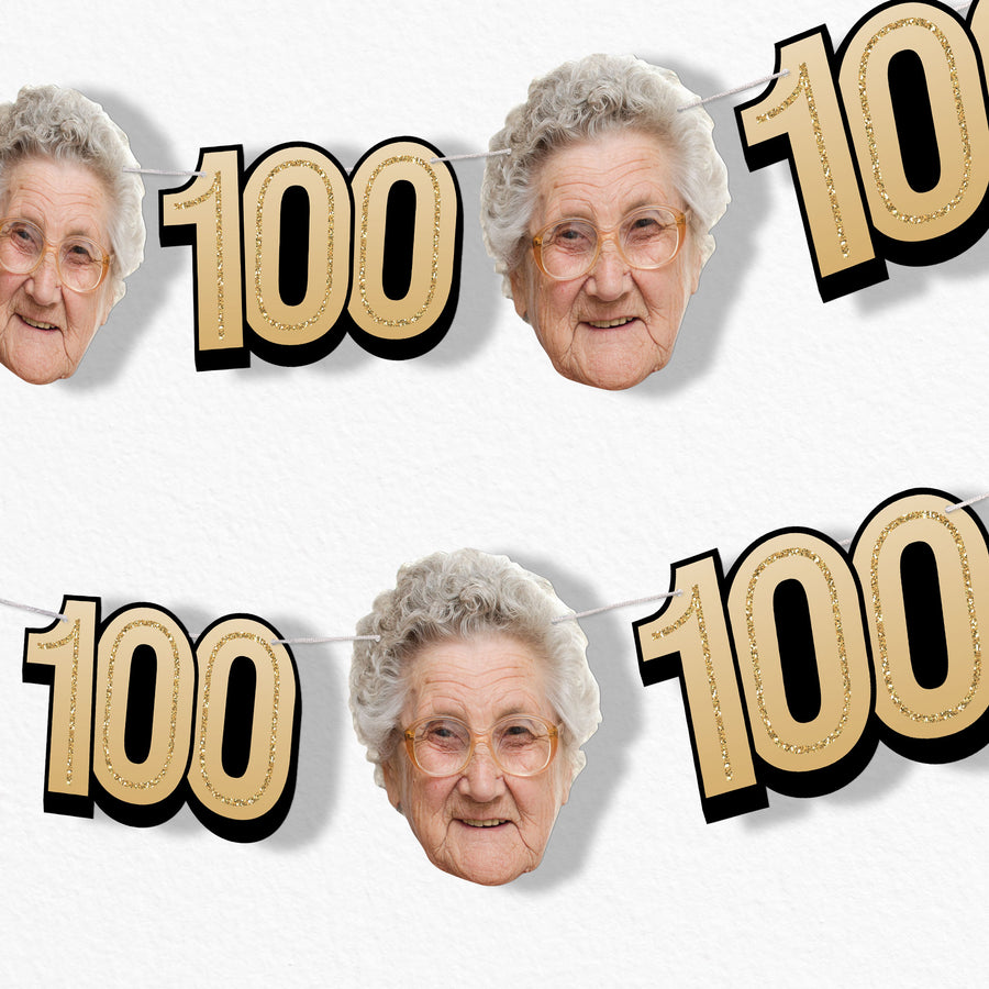 Gold 100th birthday fun face garland banner