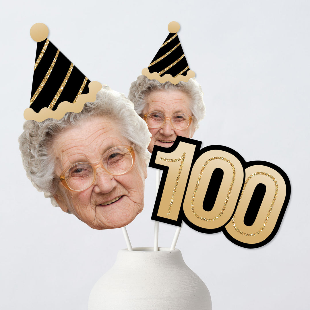 Custom 100th birthday fun face table toppers with black and gold hat