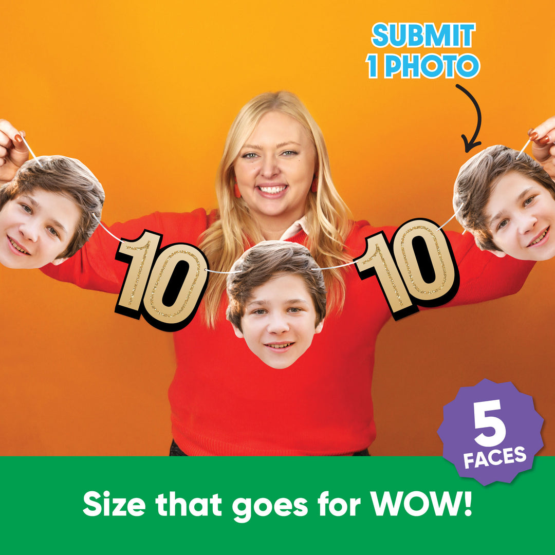 Submit one photo to create five custom faces for 10th birthday garland