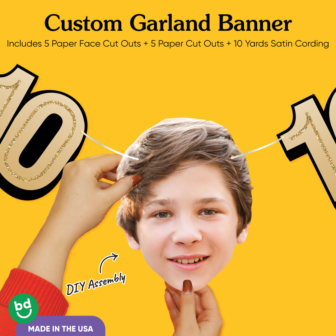 White satin cording and cardstock details on 10th birthday face garland