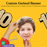 White satin cording and cardstock details on 10th birthday face garland