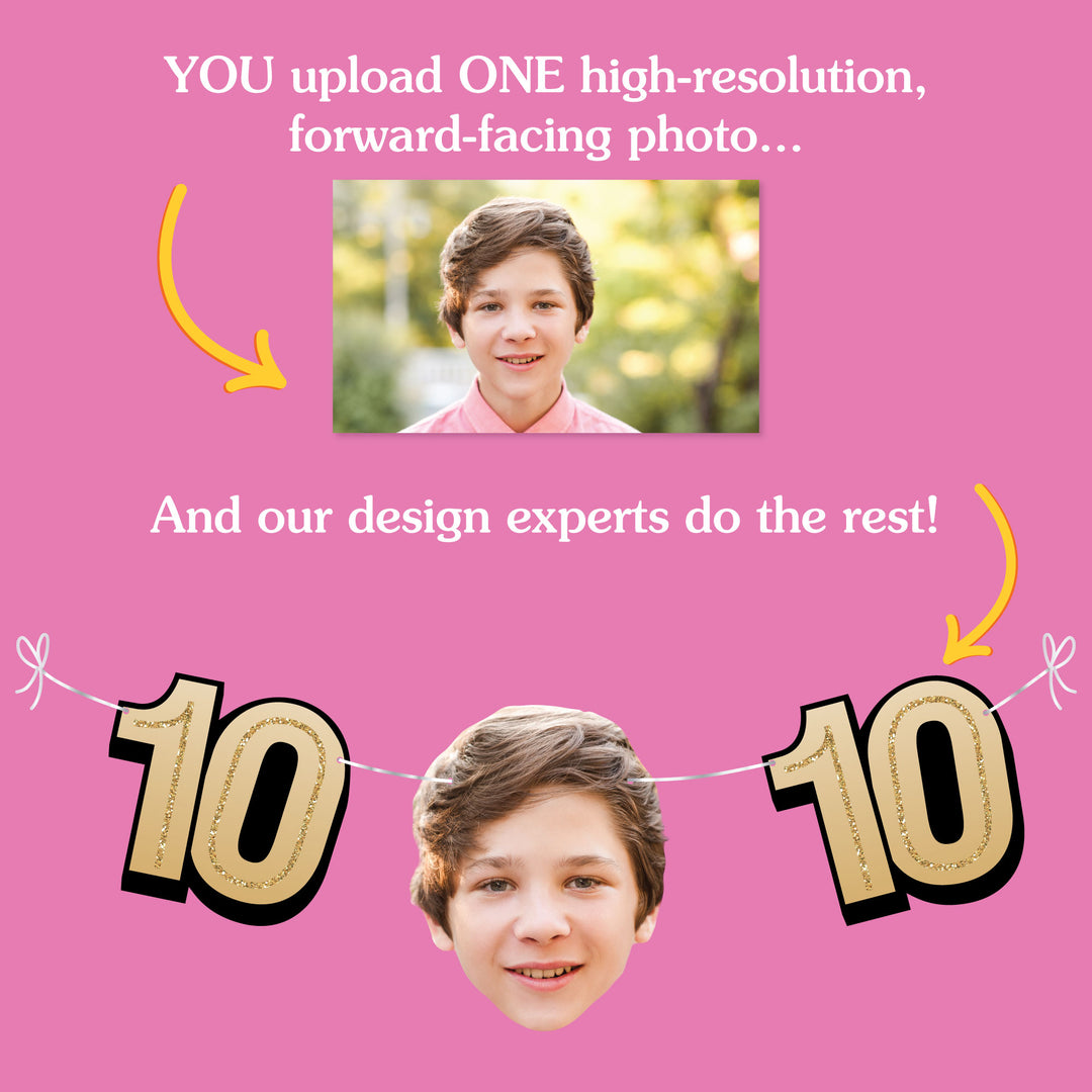 Upload one photo and we design the 10th birthday fun face banner