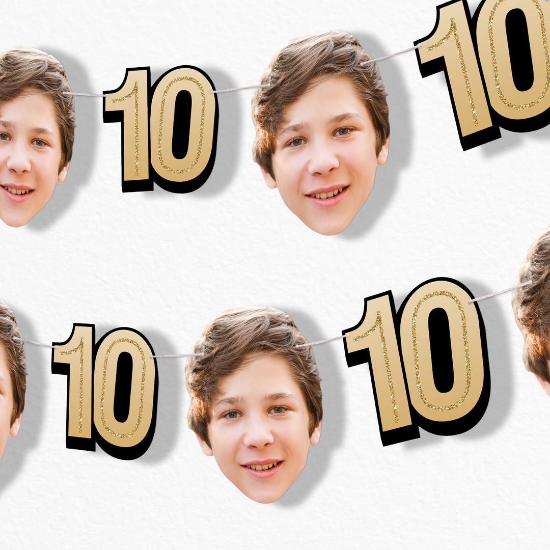 Gold 10th birthday fun face garland banner