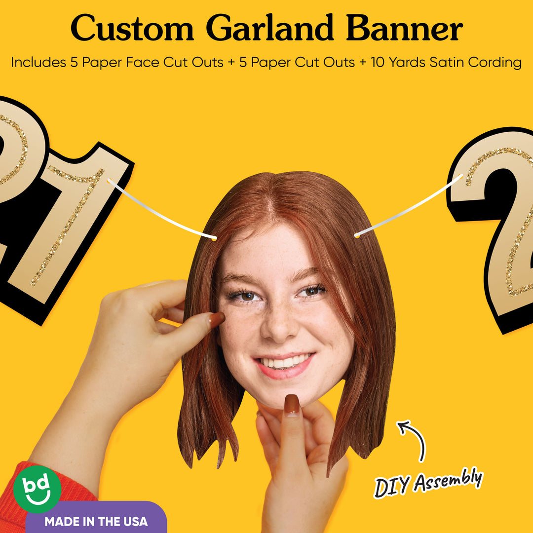 Cardstock finish and satin string on 21st birthday face banner