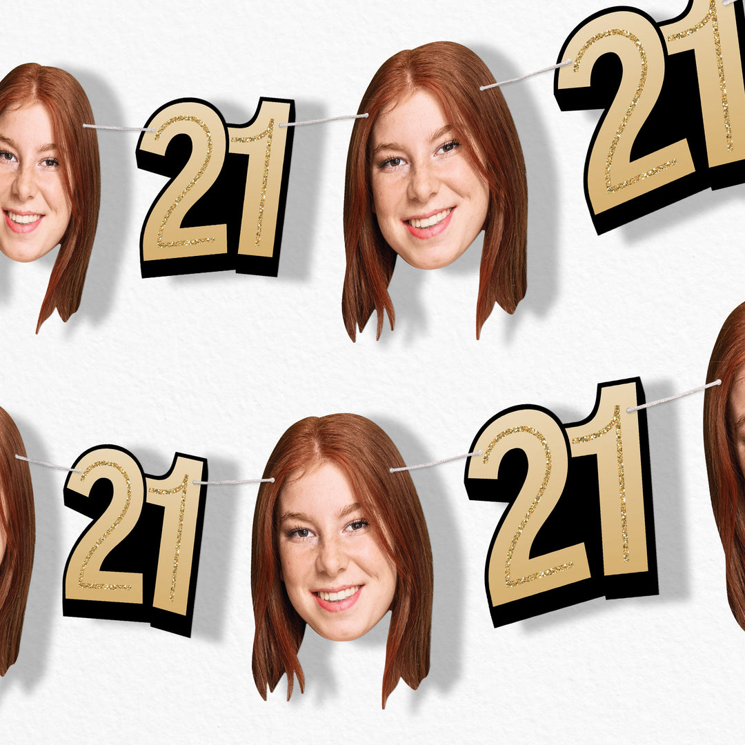 Gold 21st birthday fun face banner