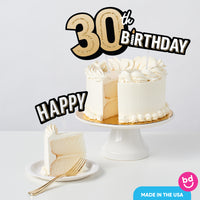 Adult 30th birthday cake with black and gold toppers styled