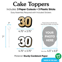 Three-piece 30th birthday cake topper set with clear sticks