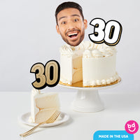Adult 30th birthday cake with black and gold toppers styled