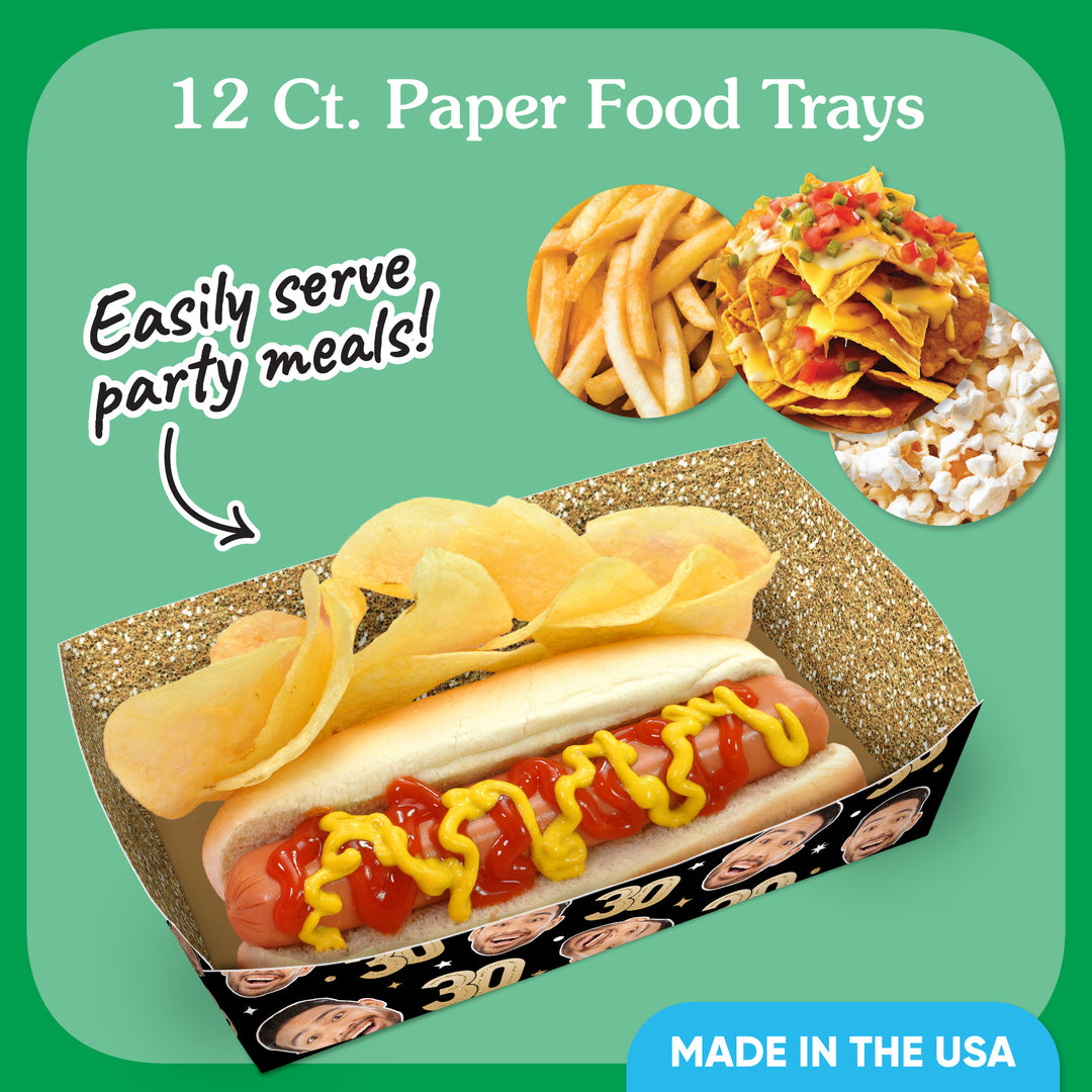 Custom Face 30th Birthday Paper Food Trays - 12 Ct