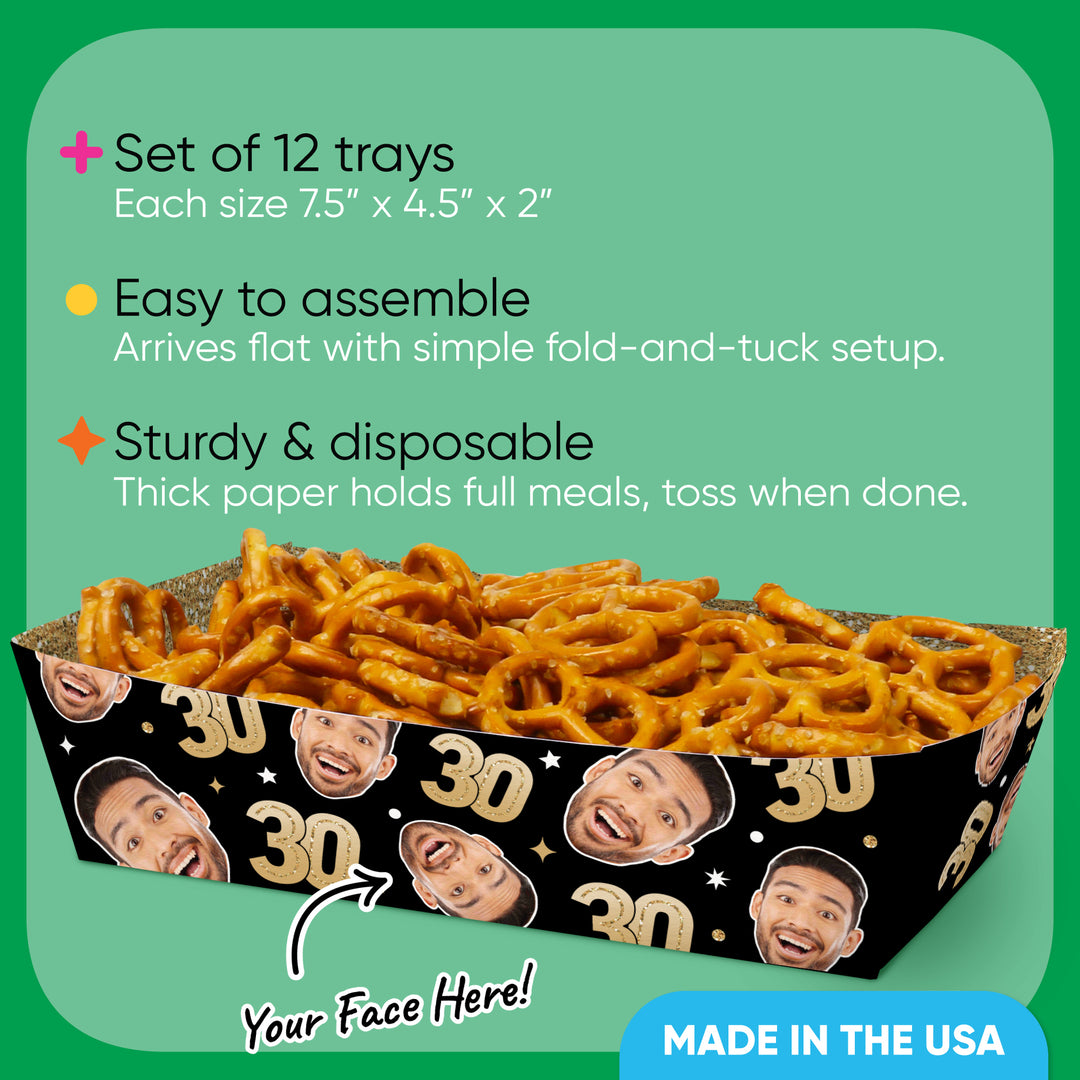 Custom Face 30th Birthday Paper Food Trays - 12 Ct