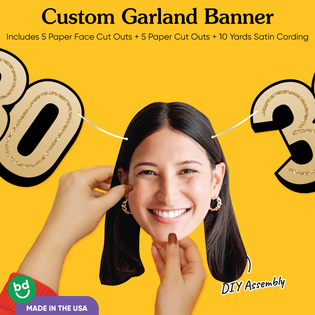 Cardstock finish and satin string on 30th birthday face banner