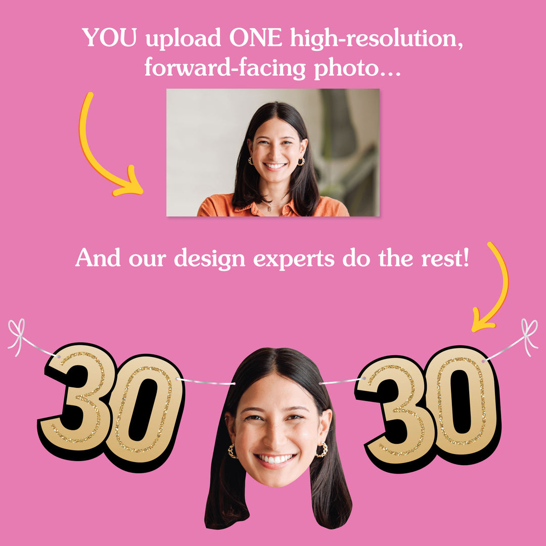 Upload one photo for custom 30th birthday fun face banner