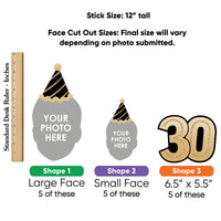 Back view of 30th birthday face topper with stick attached
