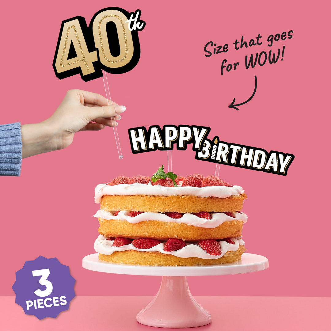 Three-piece 40th birthday cake topper set included pieces