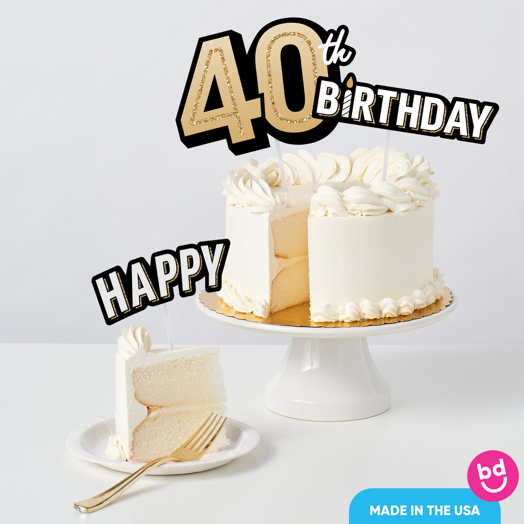 Over-the-hill 40th birthday cake styled with gold toppers