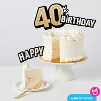 Over-the-hill 40th birthday cake styled with gold toppers