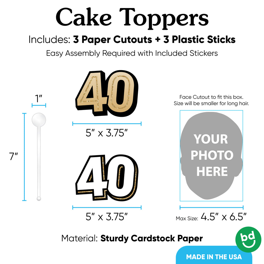 Three-piece 40th birthday cake topper set included pieces