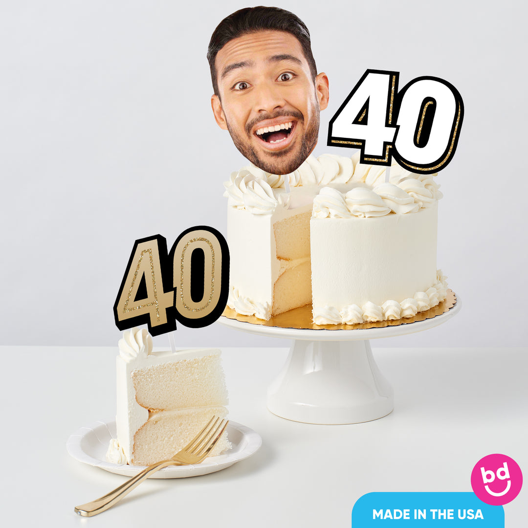Over-the-hill 40th birthday cake styled with gold toppers