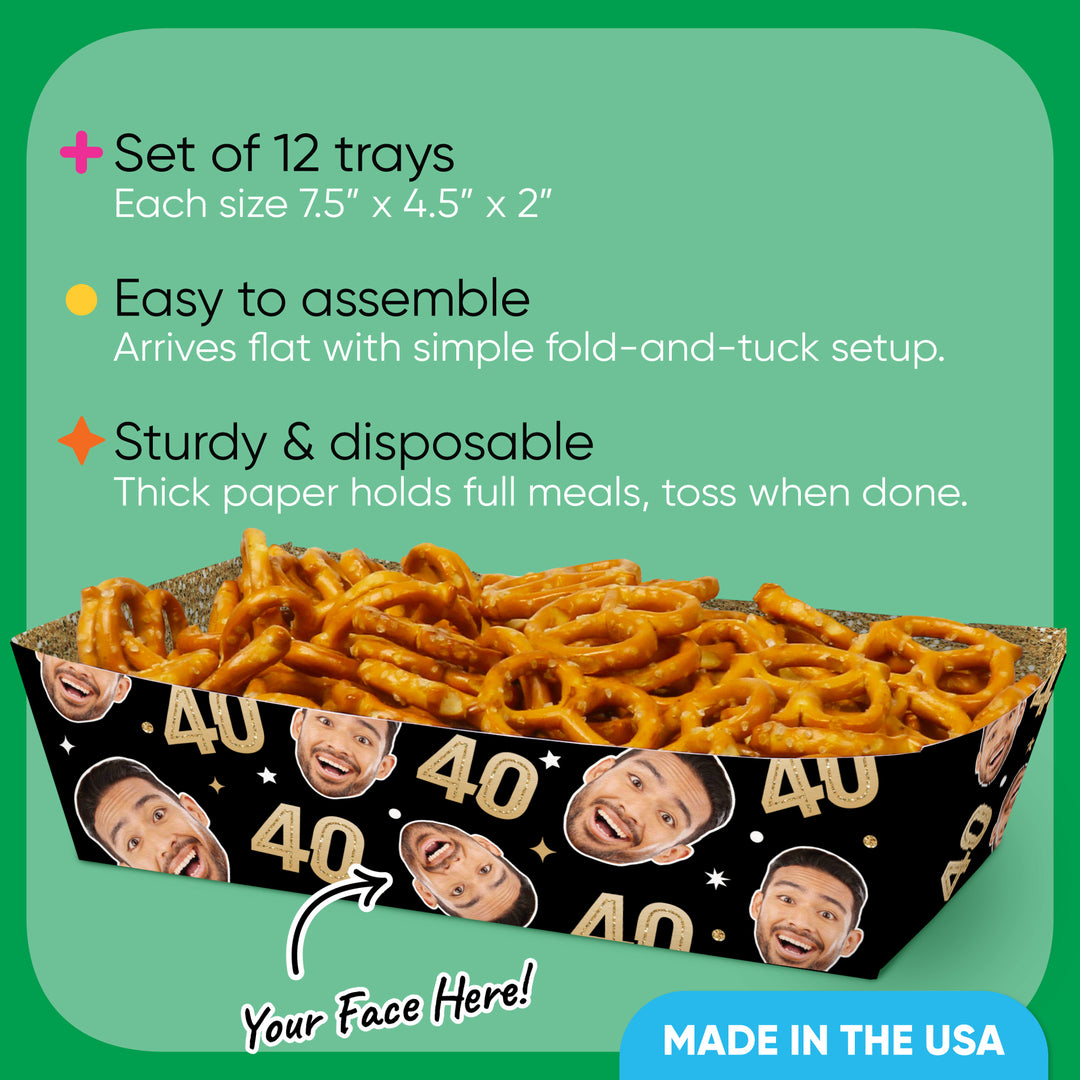 Custom Face 40th Birthday Paper Food Trays - 12 Ct