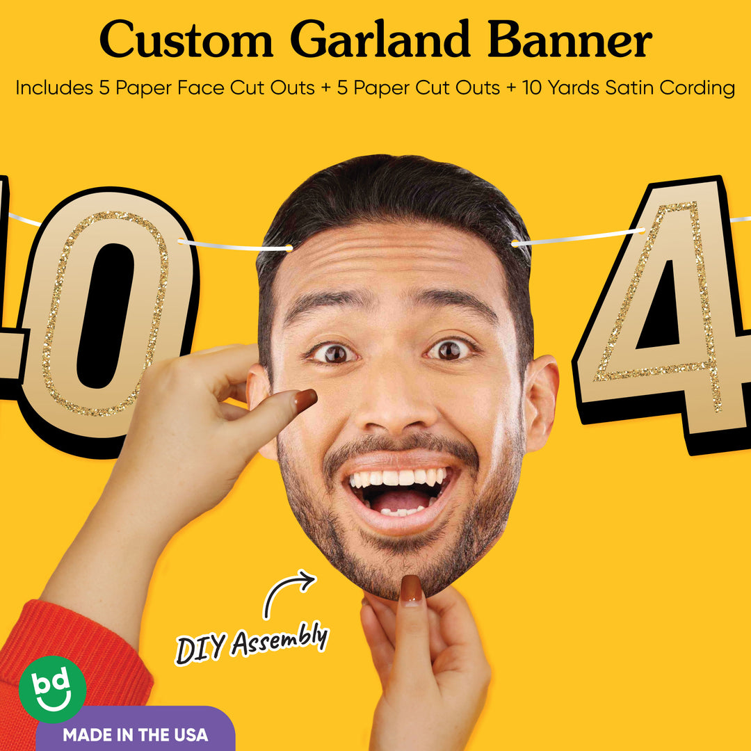 Cardstock finish and satin string on 40th birthday face banner