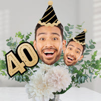 40th birthday party table with personalized face table toppers