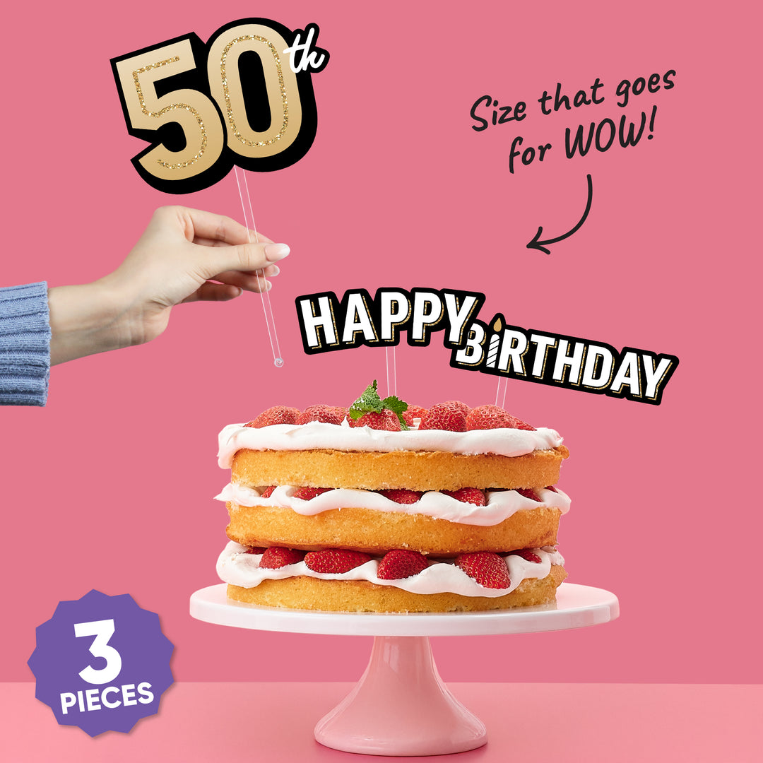 Three-piece 50th birthday cake topper set with accessories