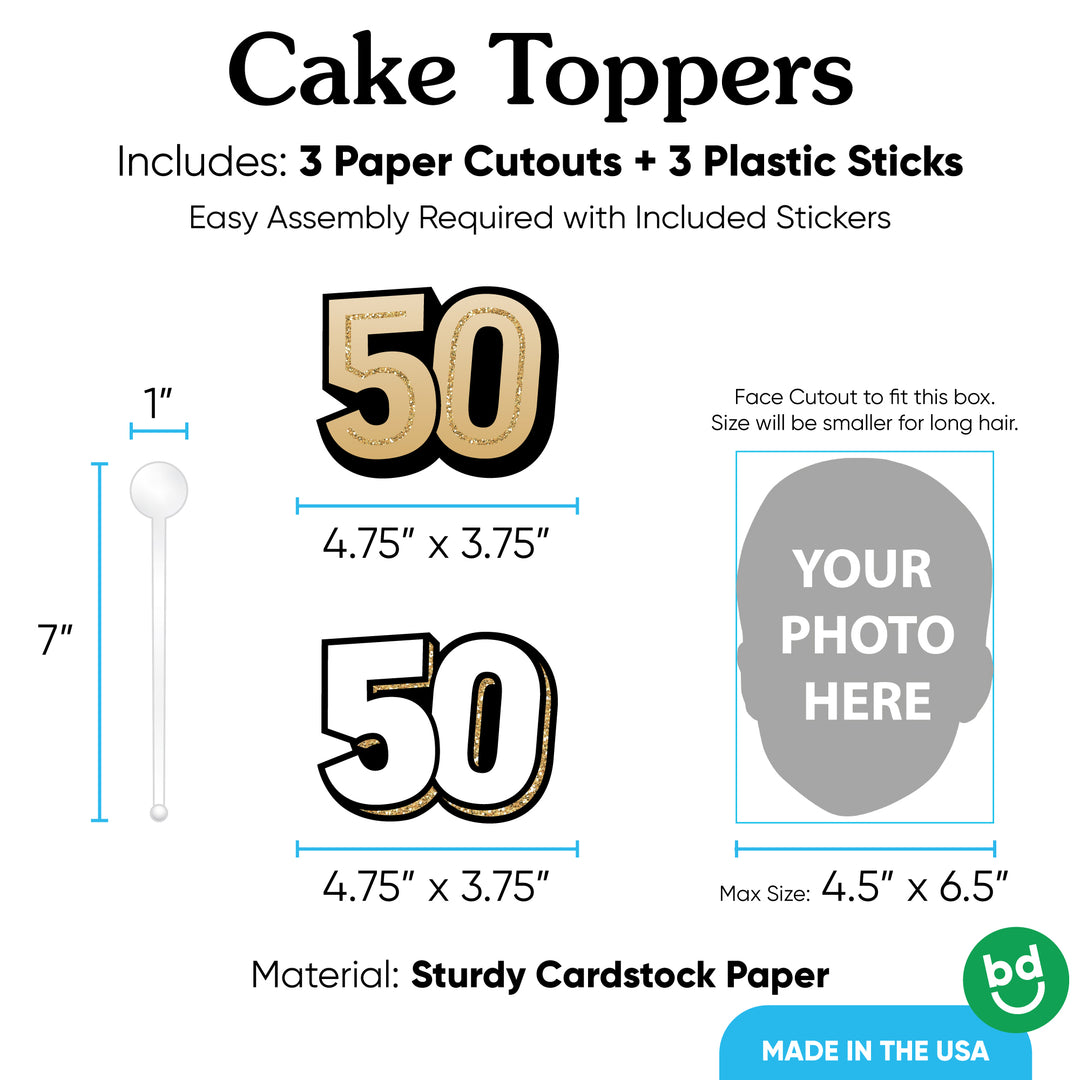 Three-piece 50th birthday cake topper set included pieces