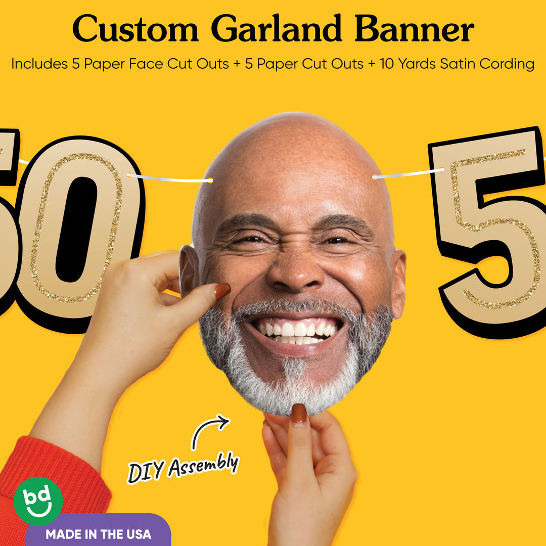 Cardstock finish and satin string on 50th birthday face banner