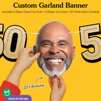 Cardstock finish and satin string on 50th birthday face banner