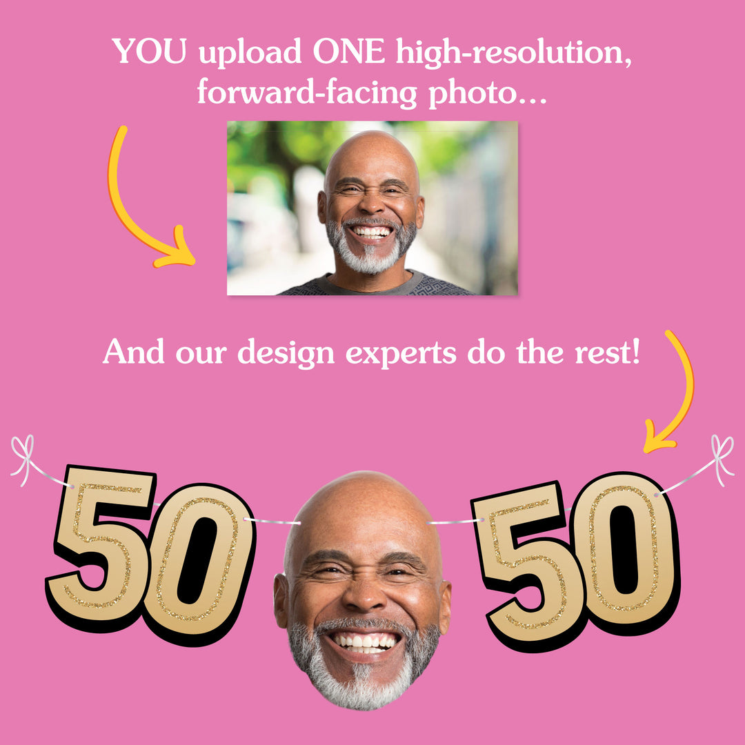 Upload one photo for custom 50th birthday fun face banner
