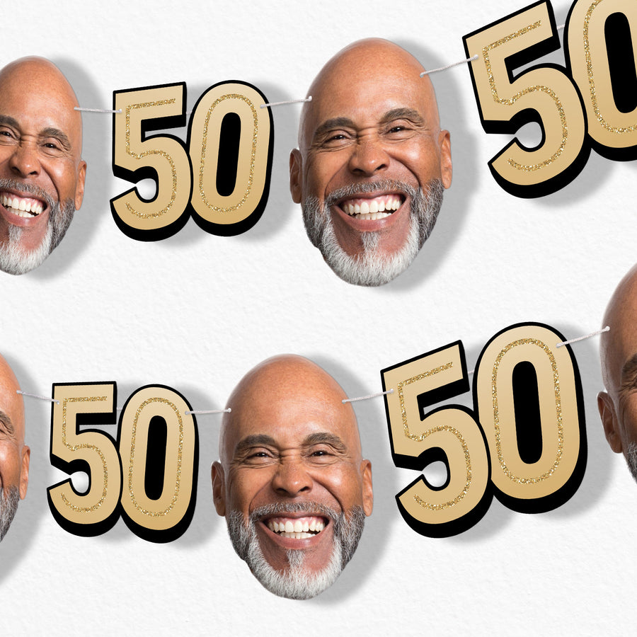 Gold 50th birthday fun face garland banner