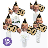 5 large faces, 5 small faces, and 5 black and gold 50 number cutouts