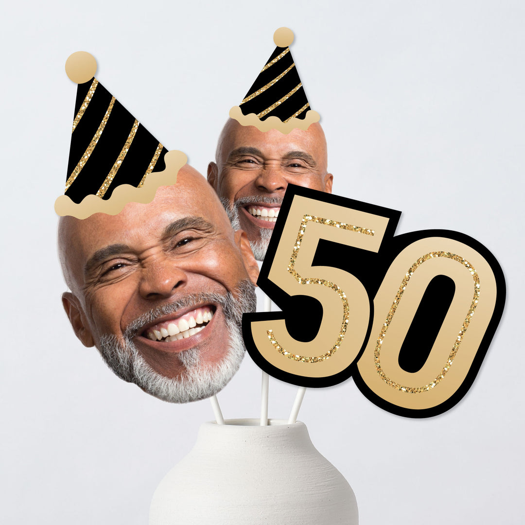 Custom 50th birthday fun face table toppers in black and gold